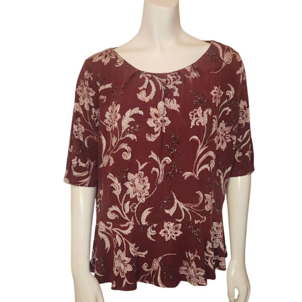 Liz Claiborne Maroon Paisley Floral Blouse with Ruffled Hem Womens Size Large